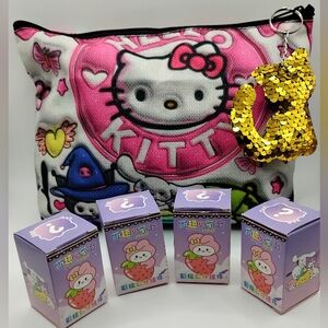 Hello Kitty Pouch&Sequin Keychain & 4 Hello Kitty&Friends Charms 9"L×7"H BNWOT